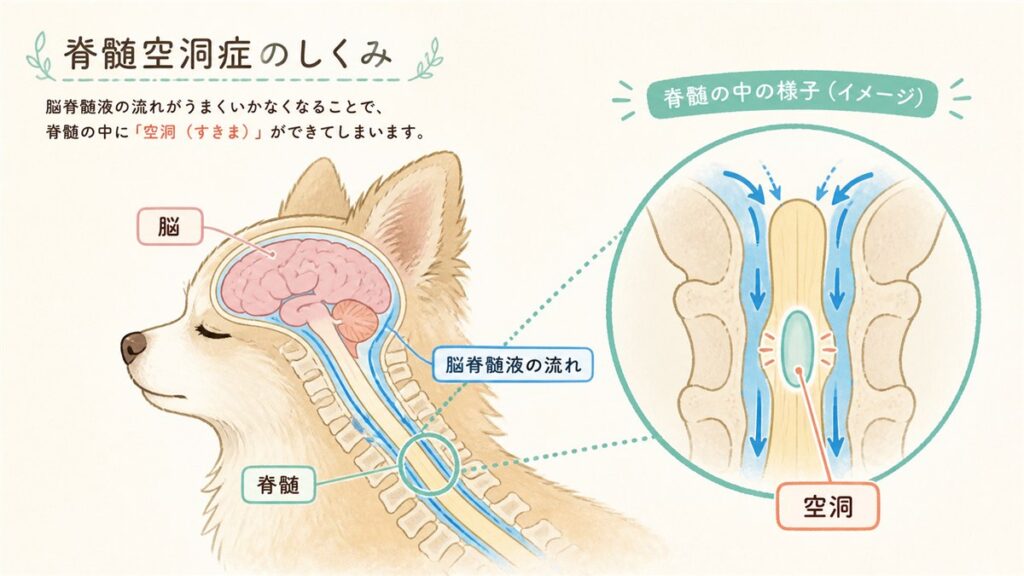 犬の脊髄空洞症の仕組みを説明する図