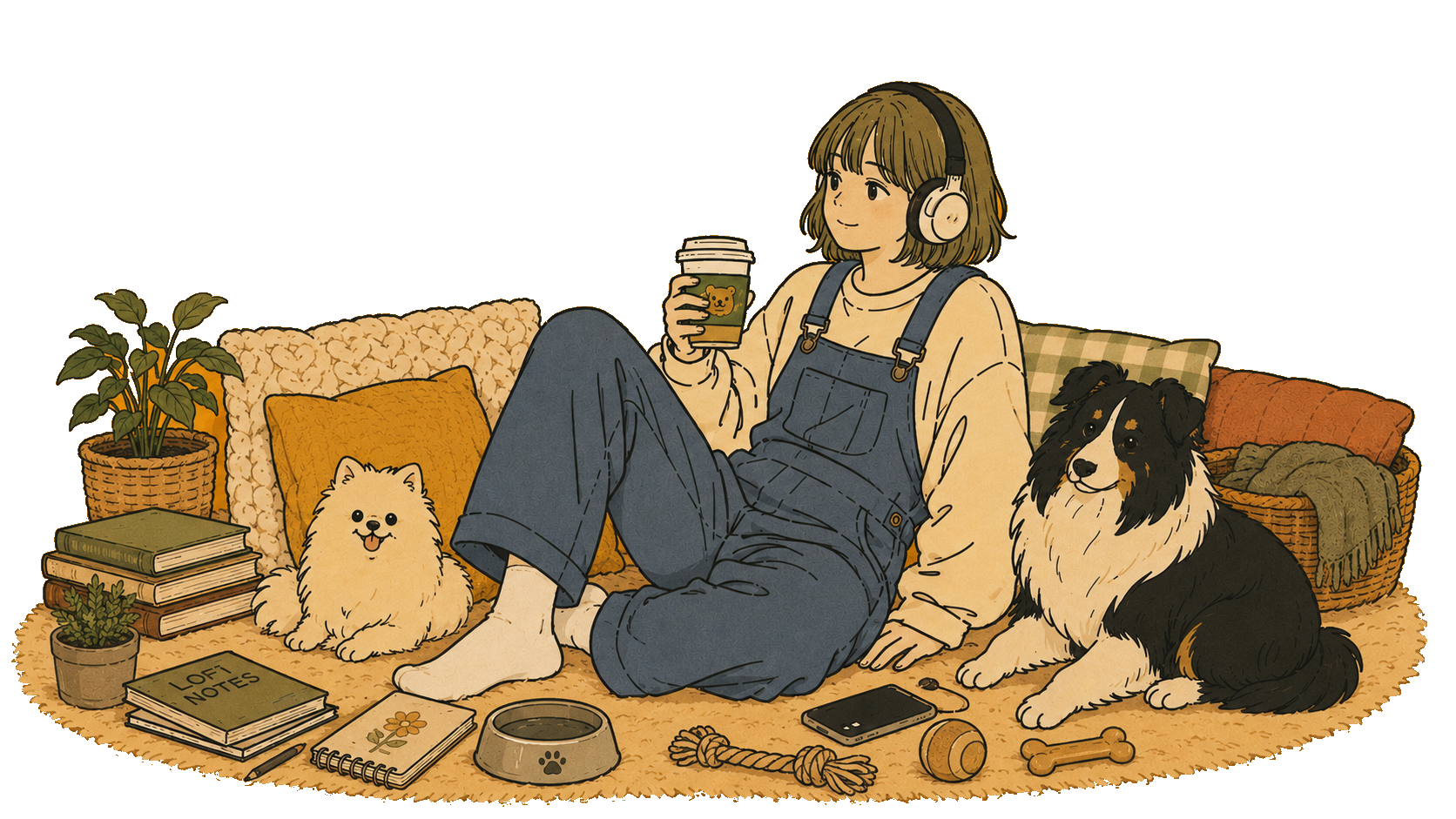 ヘッドホンをつけた人物とポメラニアン、シェルティーがくつろぐイラスト